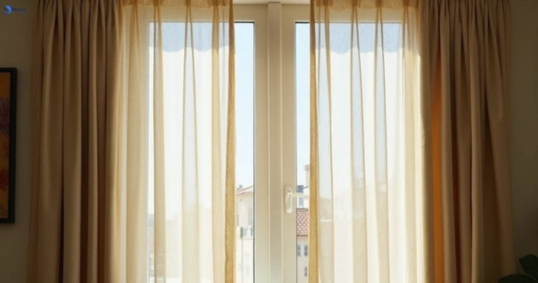 Dull dusty drapes in cedar-grove before professional cleaning